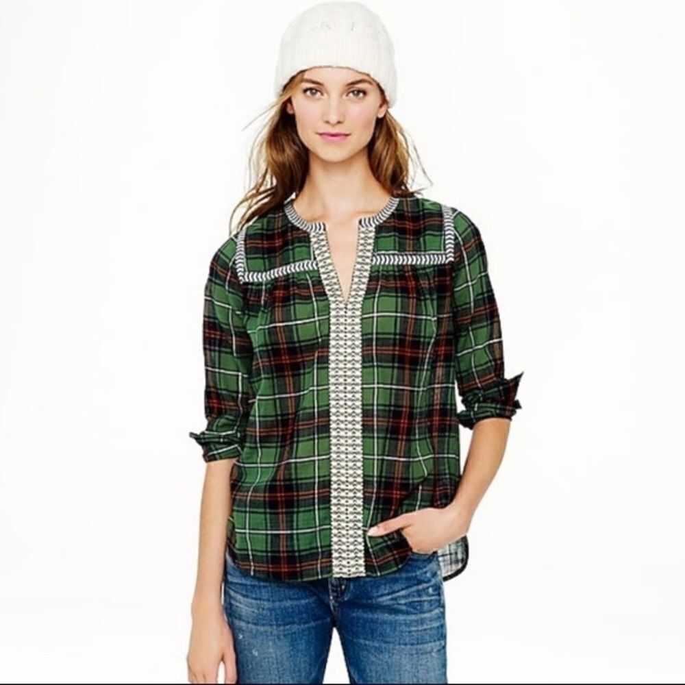 J. Crew Embroidered Green Plaid Peasant Top